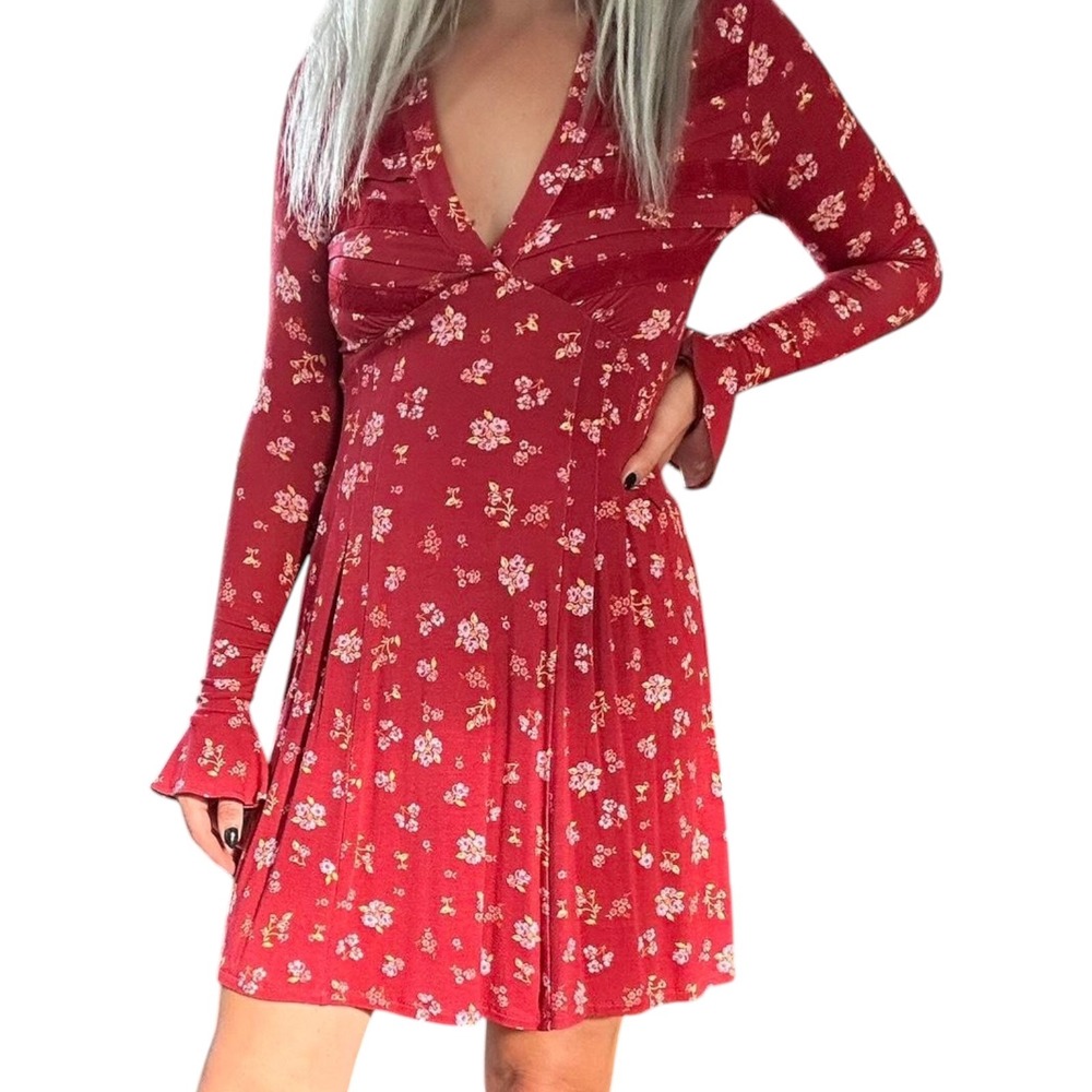 Free People Flower Good Days Mini Dress Red Floral Lace Inset Size Large NWT